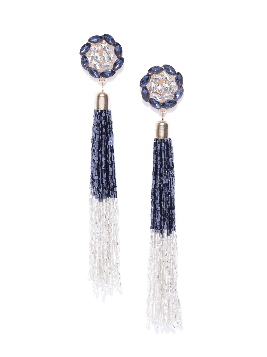 YouBella Navy  Silver-Toned Gold-Plated Beaded Floral Tasselled Drop Earrings